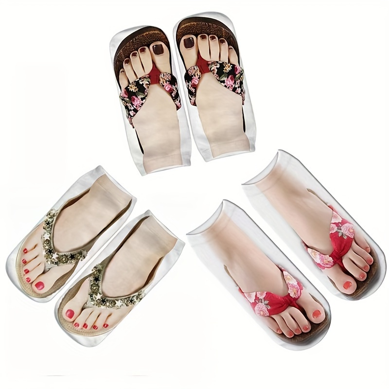 

3pcs Women's Printed Socks - Breathable Polyester & Spandex , Tropical Nail Art Design, Canvas Shoes