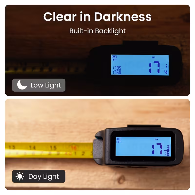 16 ft digital tape measure 6 metric and imperial units retractable with fractions 1 16 rechargeable display yellow brand for distance area volume Product details 3
