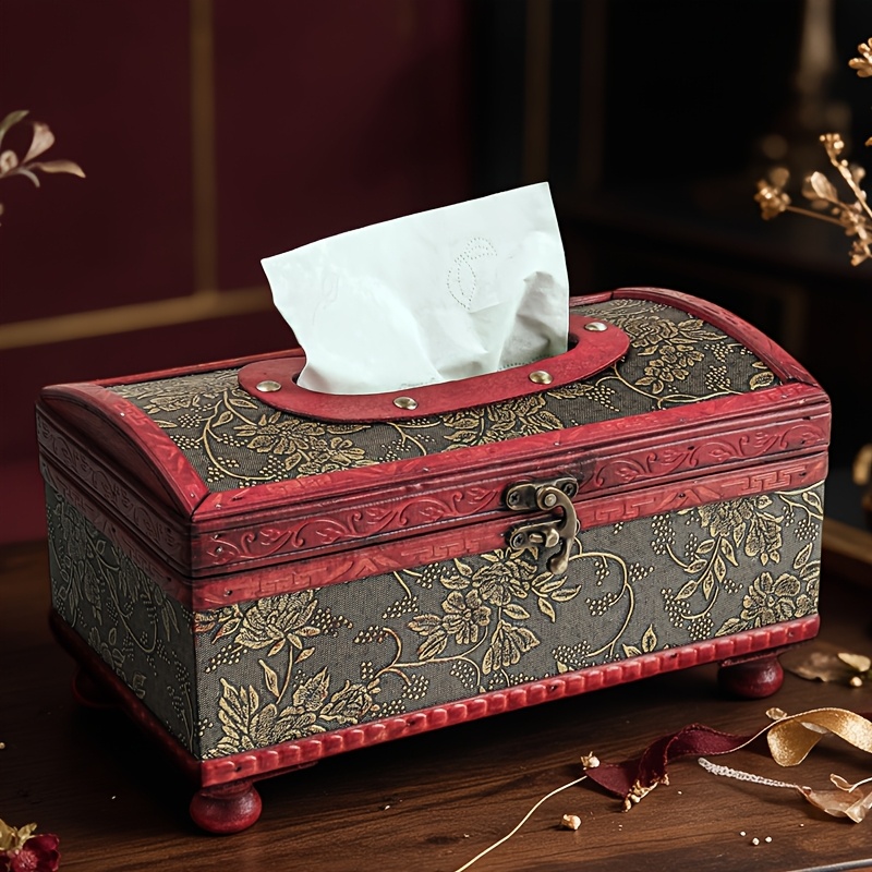 Image of Grape Pattern Solid Wood Tissue Box For Living Room And Dining Room, Desktop Tissue Box, Light Luxury Napkin Storage Box