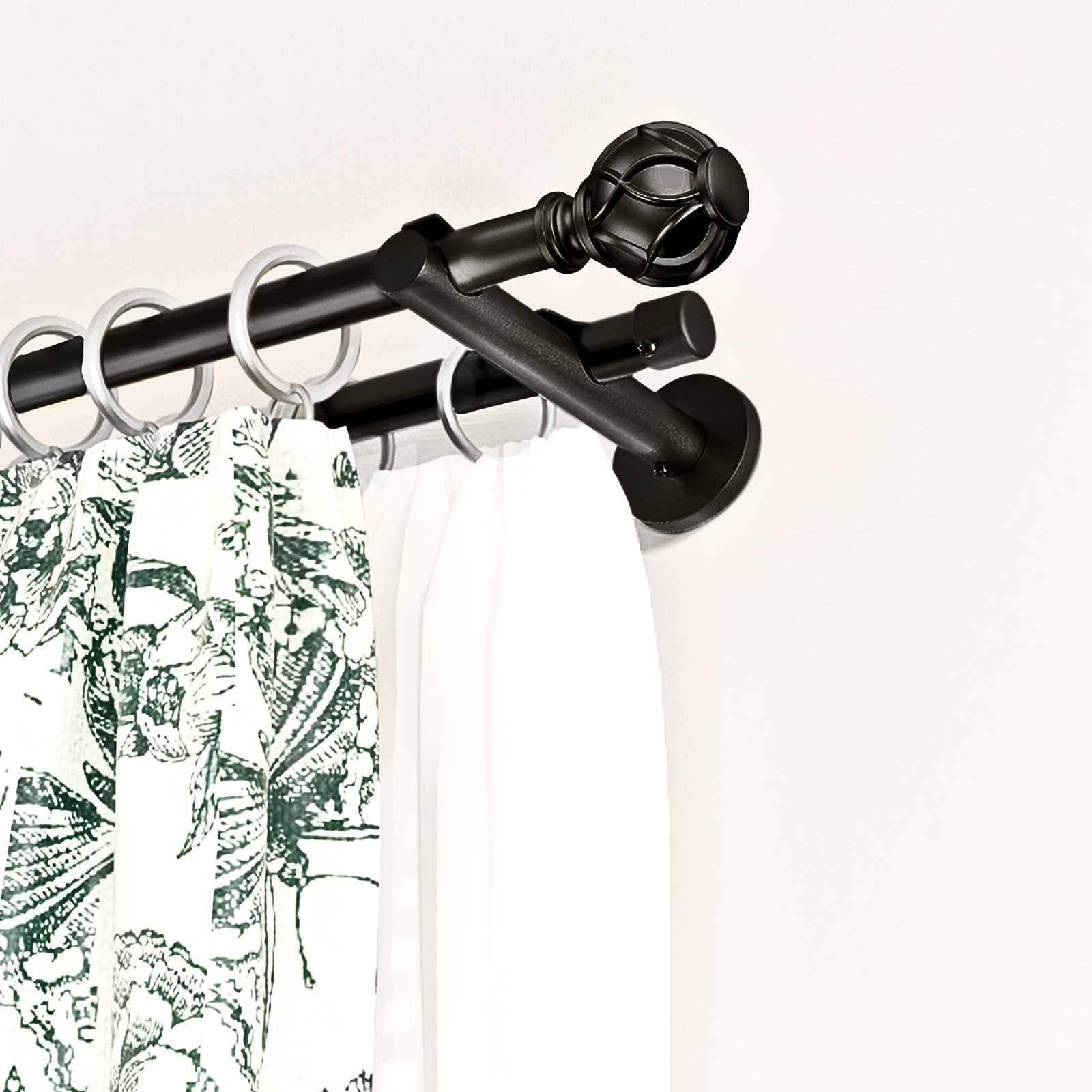 Image of Heavy Duty Double Curtain Rod With Textured Decorative Finials - Black