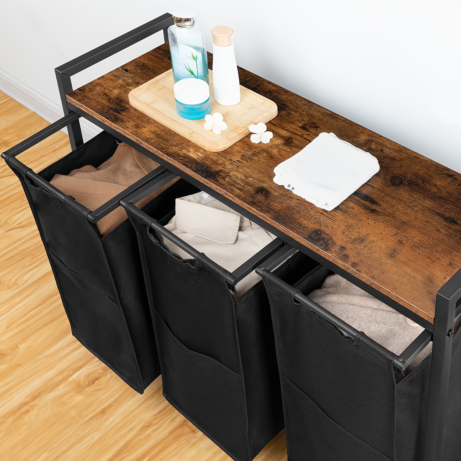 3-Compartment Laundry Basket with Shelf, Oxford Fabric Trolley
