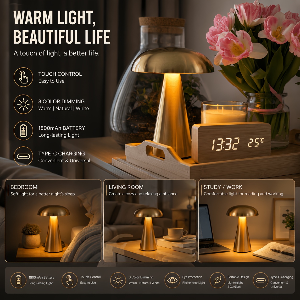 Metal Mushroom Table Lamp with Touch Control