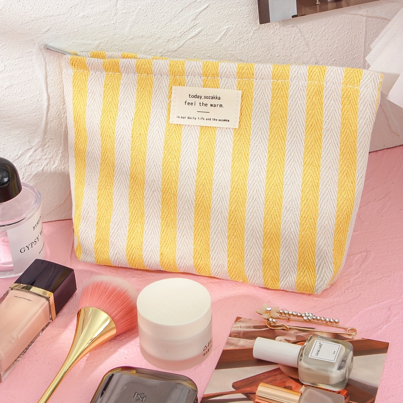 TEMU Sac Organisateur de Maquillage pour Femmes à Rayures Multicolores, Tendance et Frais, Grande Capacité, Pochette de Rangement Portable, Simple et
