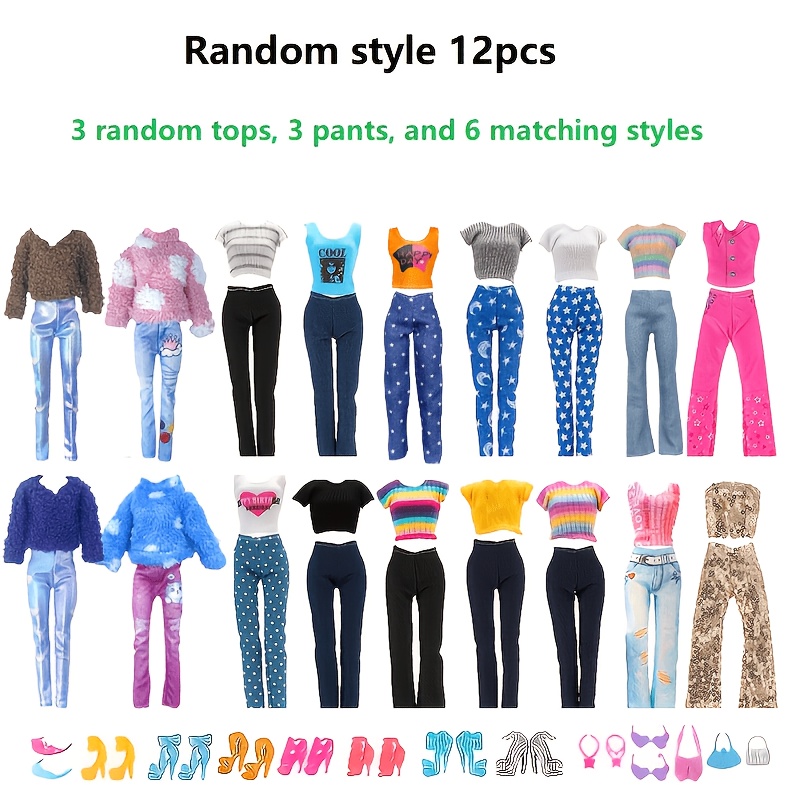 12pcs Of Random Doll Clothing, Suitable For 11.5-inch Female Dolls, 3 Random Tops, 3 Pants, 6 Additions, Fun Gifts For Children, Suitable For Festivals, Products Do Not Dolls