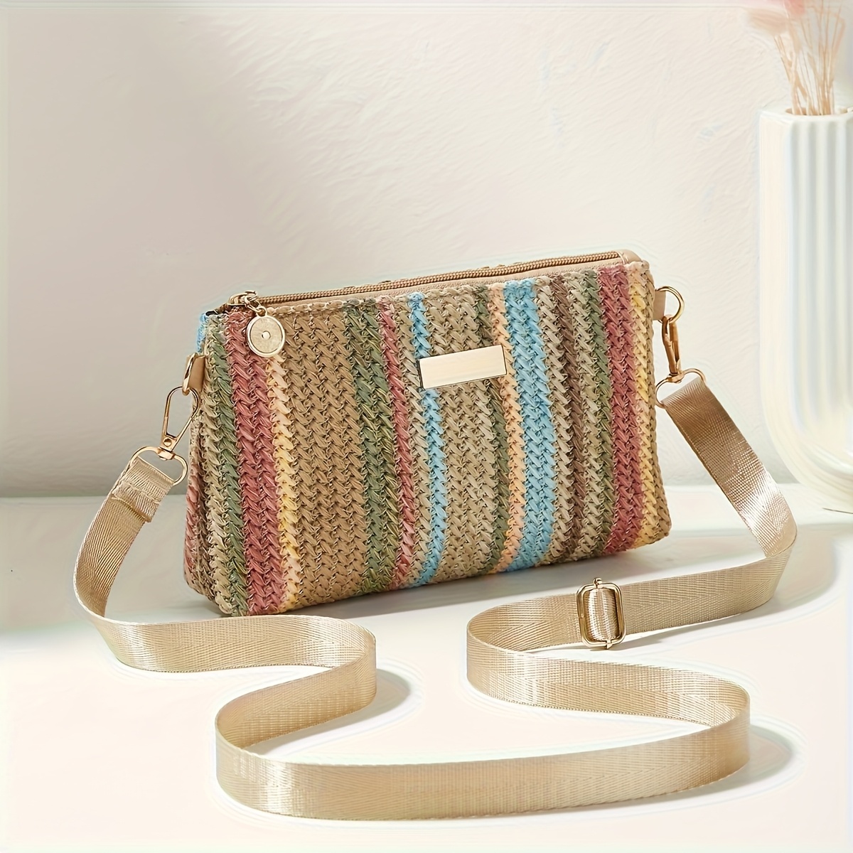 womens casual   style colorful straw woven crossbody bag with metal sequin decoration adjustable shoulder strap shoulder bag beach bag suitable for daily use christmas and halloween a must have and   gift  