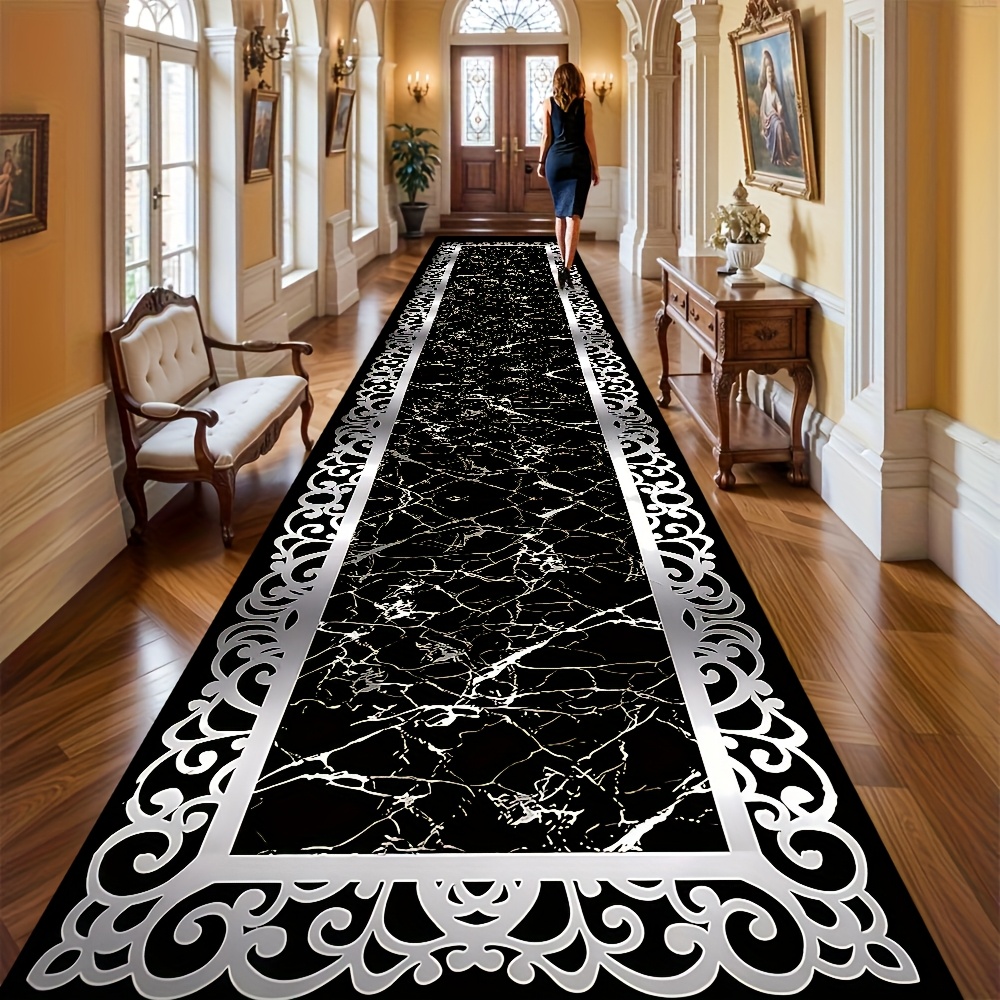 TEMU Sea Freight []1pc, Black Marble Floral Pattern With A Plastic Bottom, Suitable For Hallway Runners, Living Room Rugs, Bedroom Area Rugs, Machine