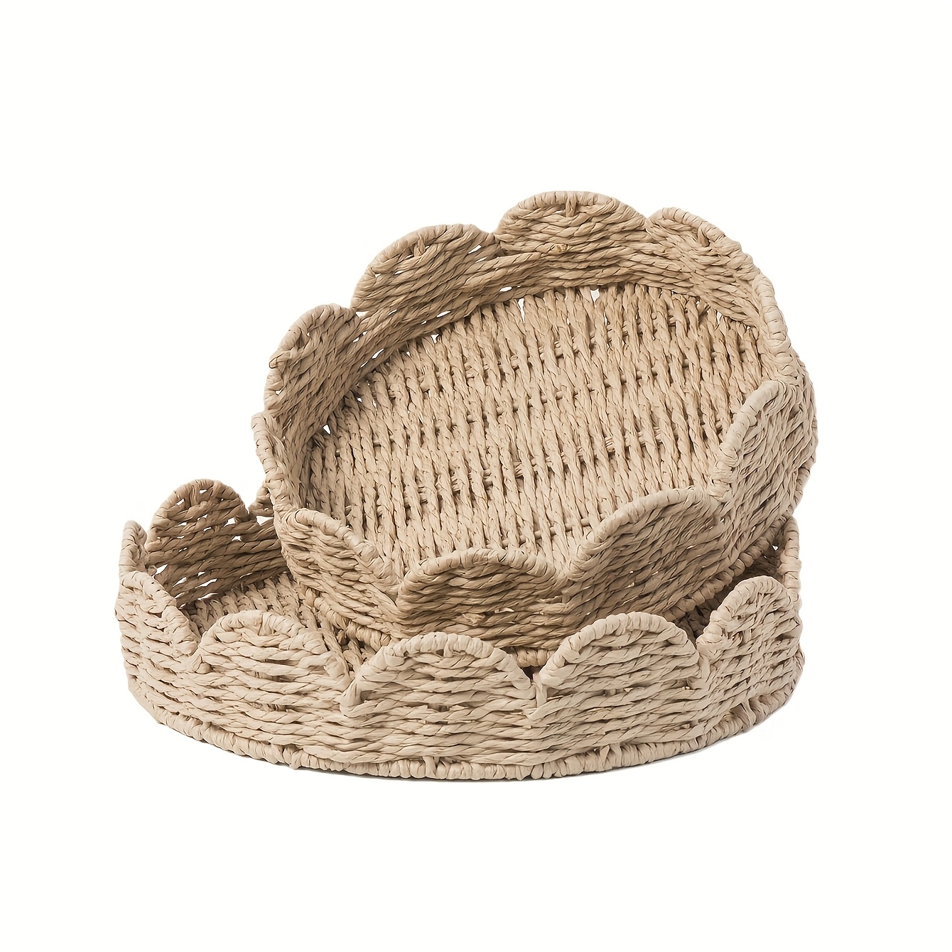 Image of Set Of 2 Modern Wavy Edge Baskets, Handcrafted From Paper Rope, Perfect For Organizing Desktop Items, Decor, Cosmetic Storage, Versatile Use, Great For Christmas Gifts, Shelf Baskets
