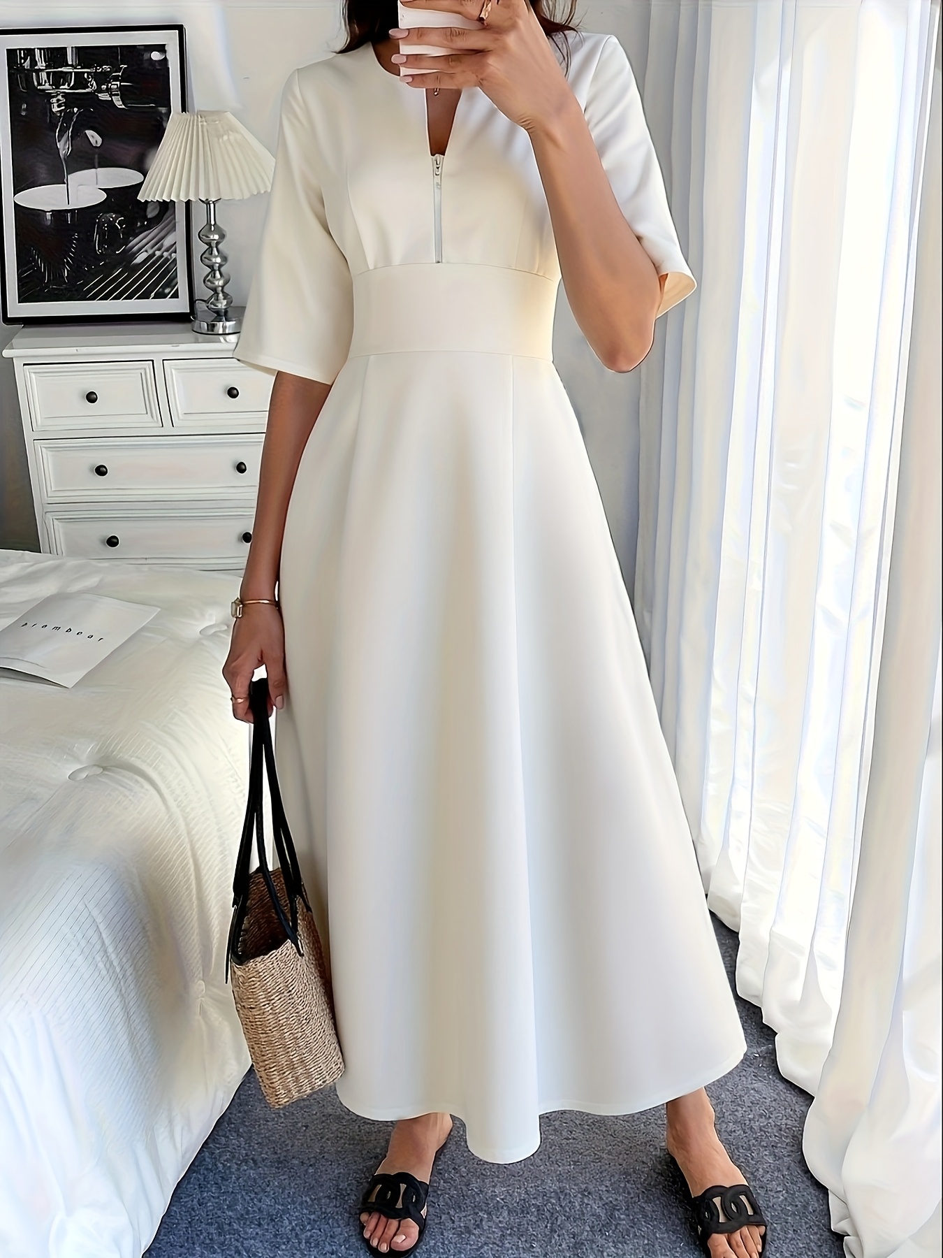 knee length dresses for ladies Fit & Flare A-Line Midi Dress in White main image 1