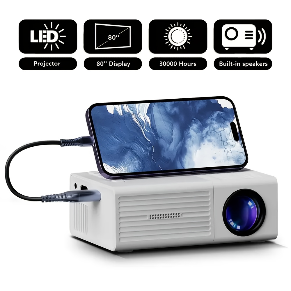 item picture Compact Mini Projector, Capable of 1080P Hd/Equipped with LED Lighting, 80-Inch Screen Size, USB Connectivity, Local 480P for home Cinema Device, 3000 Hours of Viewing Time, Works with Smartphones/Computers/Televisions