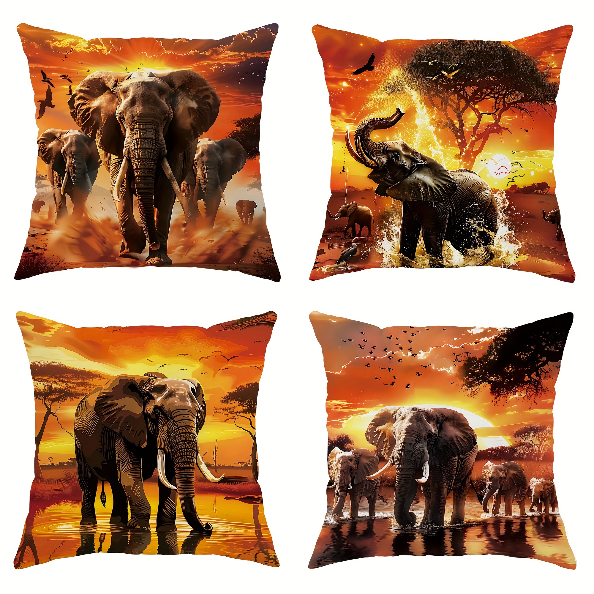 

4 Pieces Velvet Throw Pillow Covers - African Elephant Sunset Tree Orange Design - 18x18 Inch - Suitable For Living Room, Bedroom, Sofa, And Bed Decoration