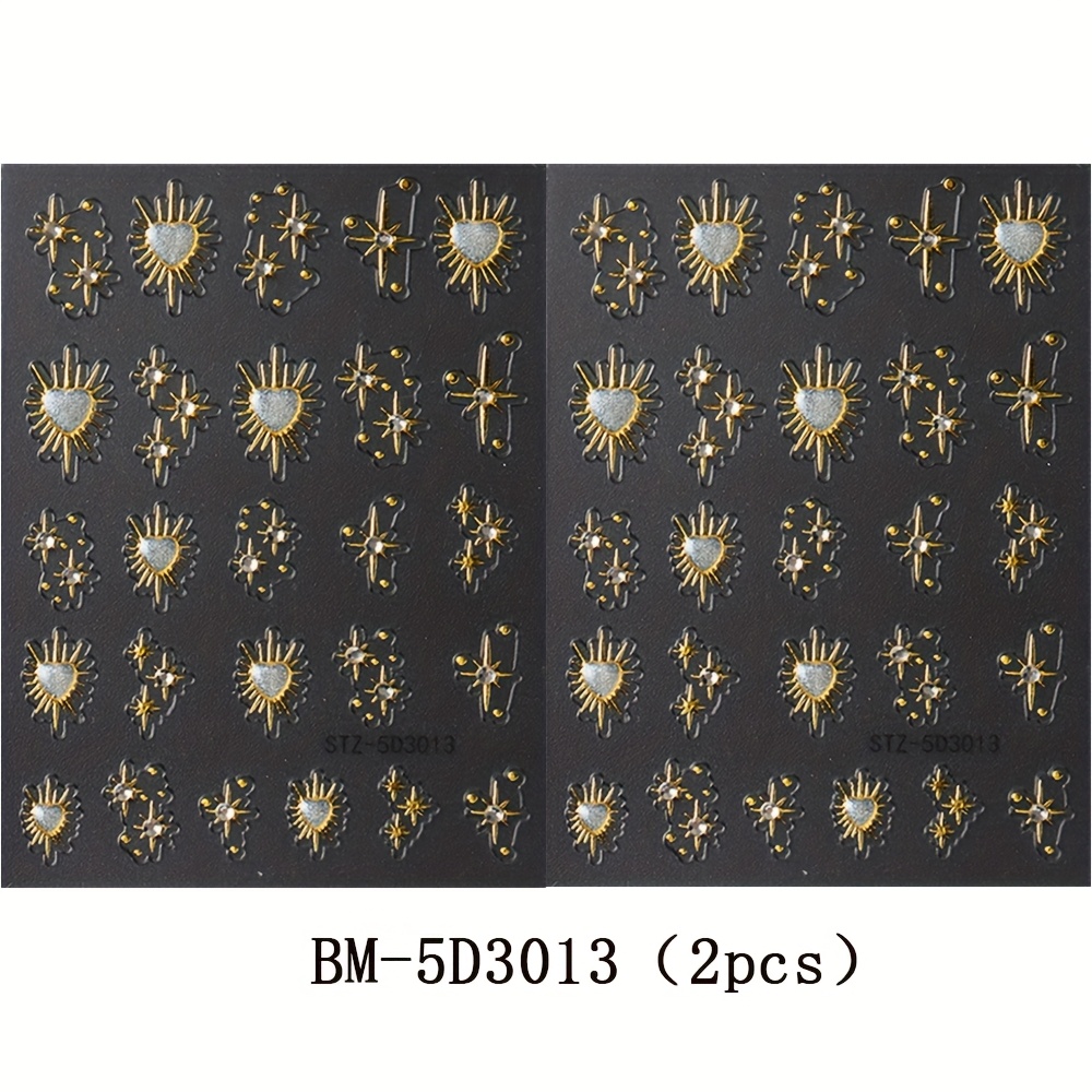 Image of 2pcs Nail Stickers, Embossed 3d 5d Moon Starburst With Rhinestones, Heart, Sun God Self-adhesive Nail Decals