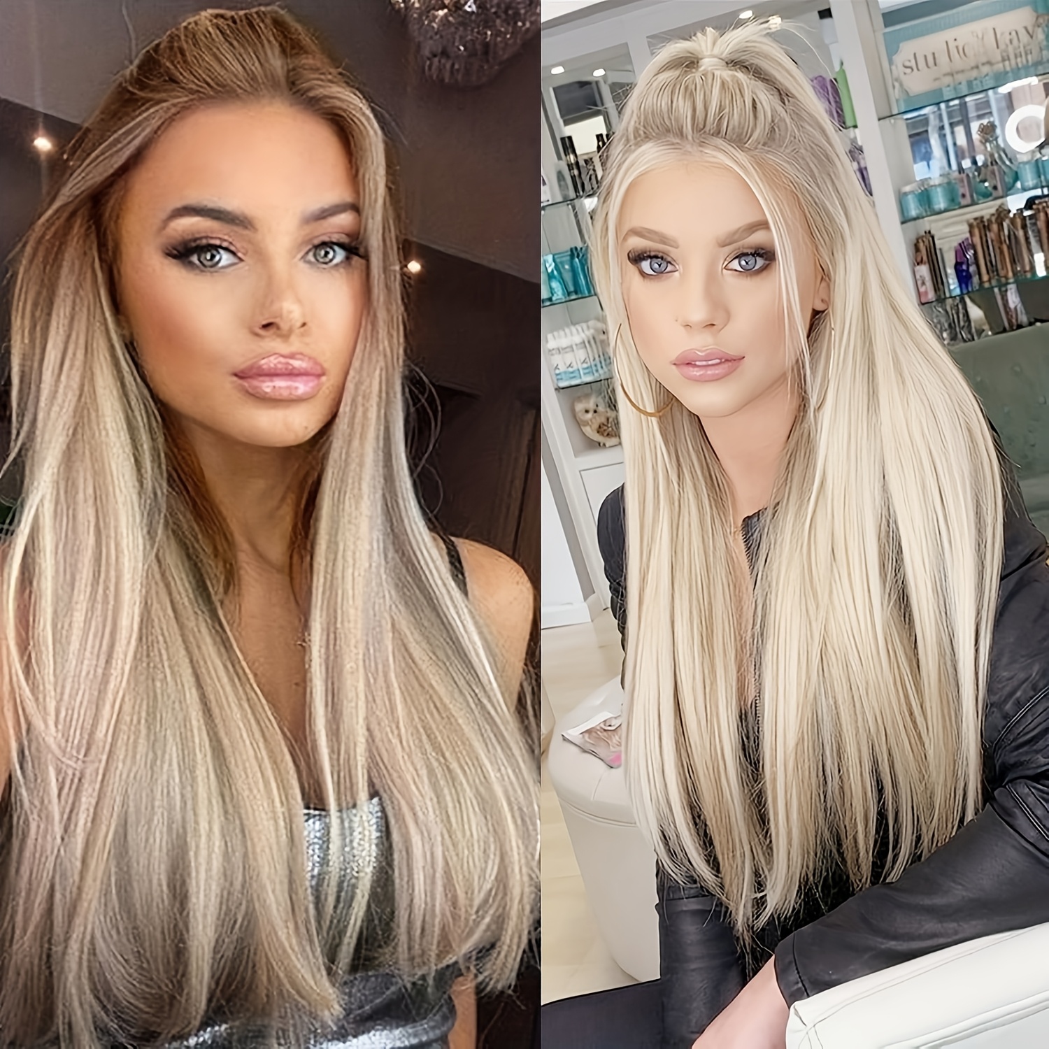 TEMU Women' Glueless Hd Lace Front Wig Suitable For - Ombre Brown Blonde Color Long Straight Hair With Pre-plucked Hairline, Heat Resistant Fiber Wig