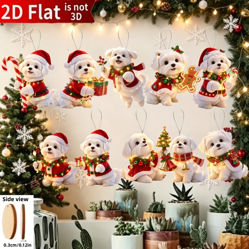 TEMU 2d Flat, 10pcs Pack 10pcs Cute Maltese Dog Ornaments Suitable For Indoor/outdoor Christmas Tree Decorations, Window Hanging With Santa Hats &