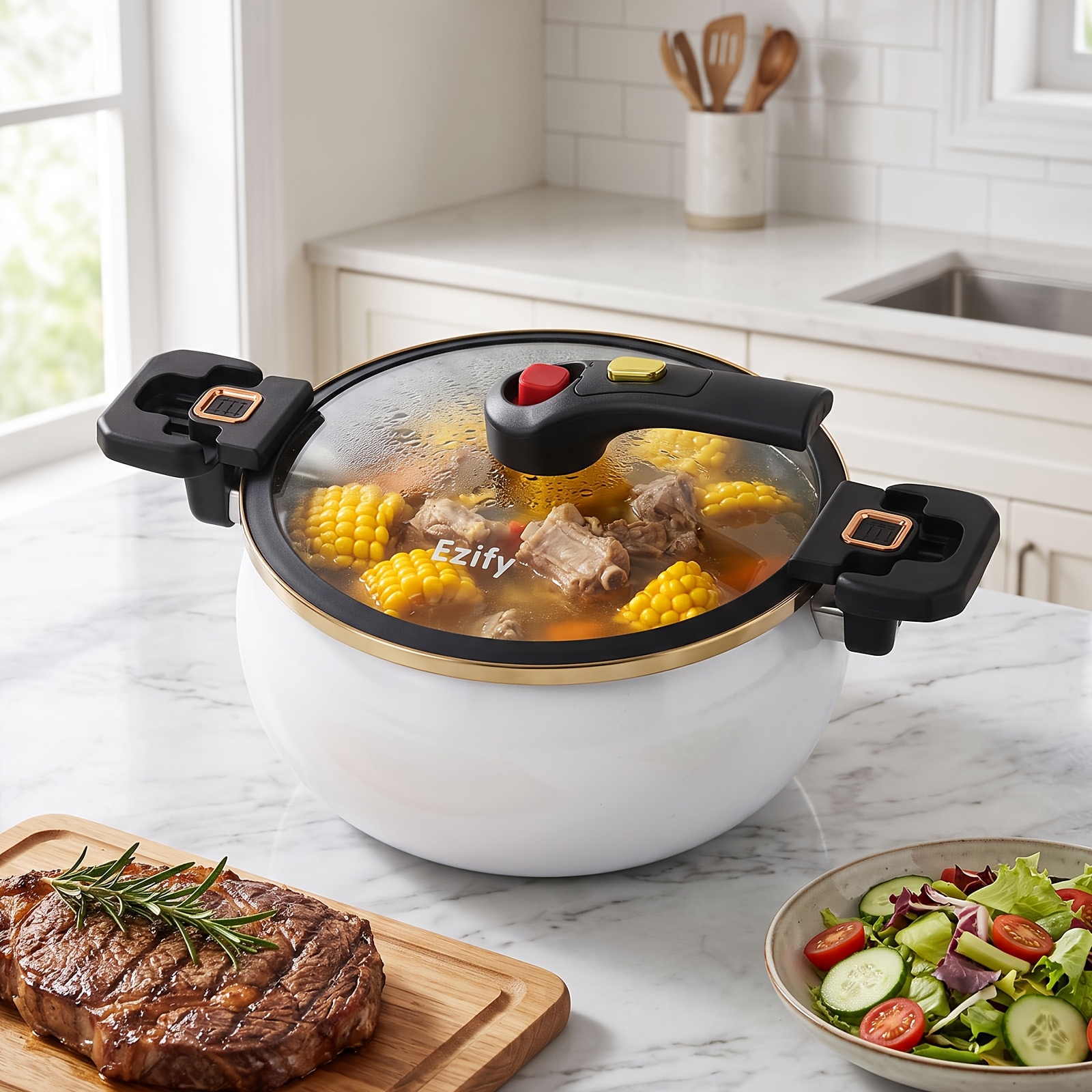 Image of 7l Large , Soup Pot With Safety Button Burn-free Lid Opening, Lfgb-certified Material, Glass Lid & Dual Handles | 7l Large Stew Pot For , Camping Cooking, Kitchen Essential