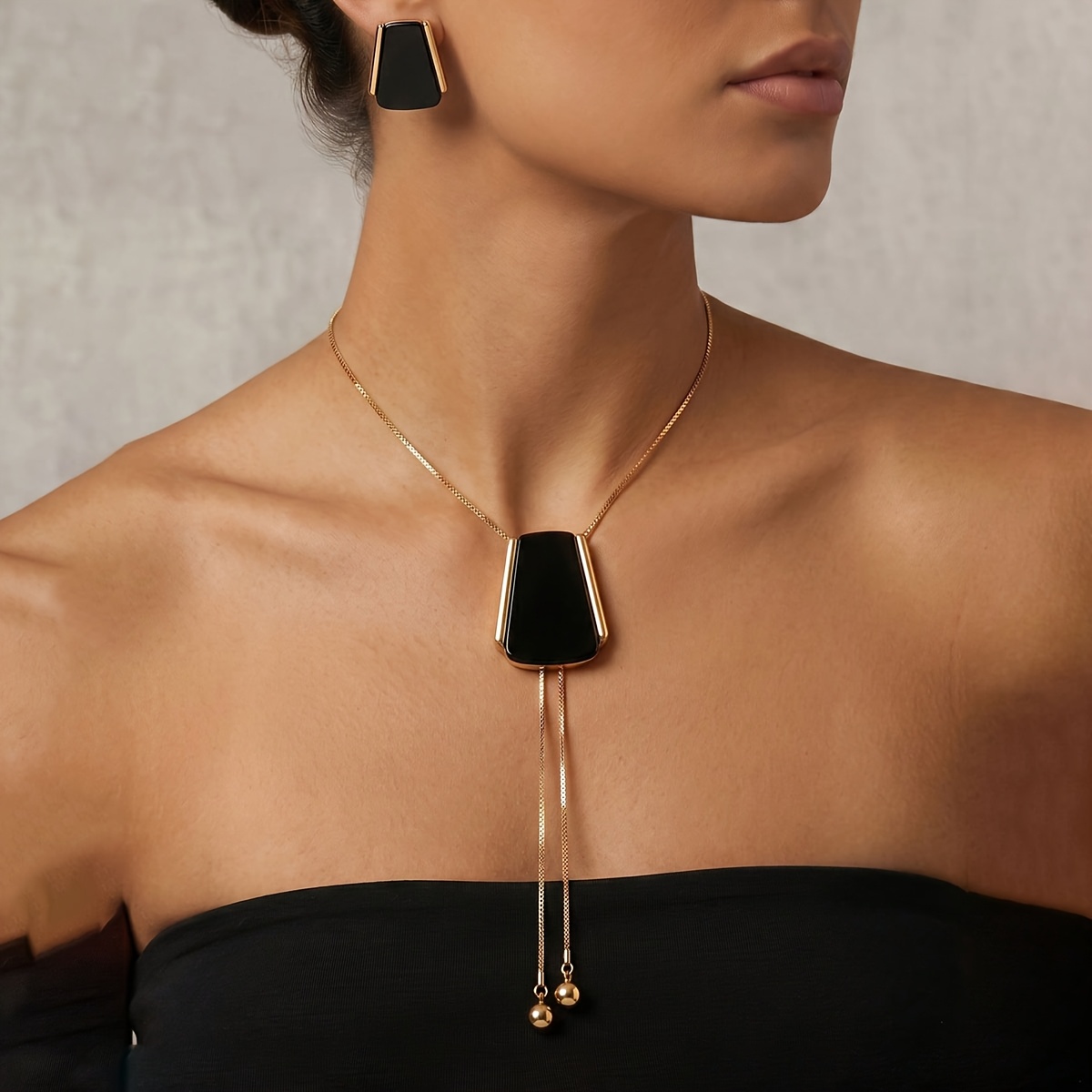 TEMU 2pcs Set Of Minimalist Black And Golden Contrast Geometric Tassel Adjustable Necklace And Earrings. Ideal For Fashionable Women Individual And