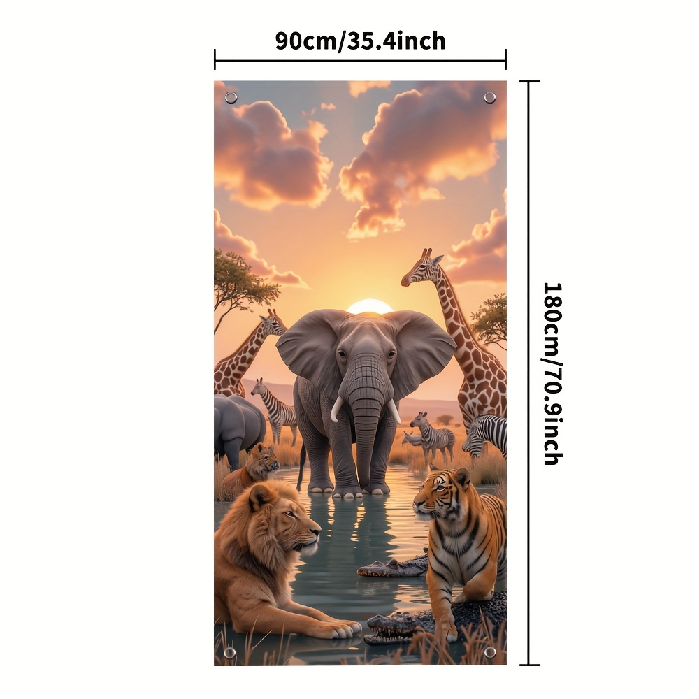 TEMU 2d Door Banner, 1pc Jungle Door Banner 70.9"x35.4" - Vibrant Elephant, Giraffe, Lion, Tiger & Butterflies Design, Durable Polyester