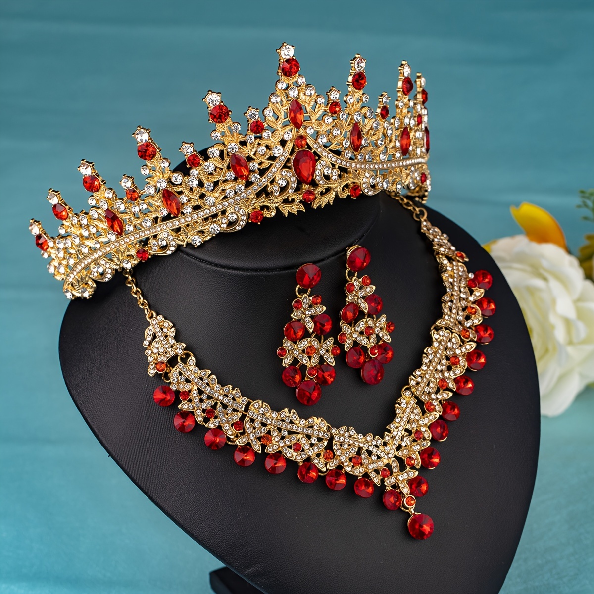 Elegant Rhinestone Crown Jewelry Set with Necklace and Earrings, Classic Zinc Alloy Bridal Tiara for Wedding, Party, Stage Performance, All-Season Accessory