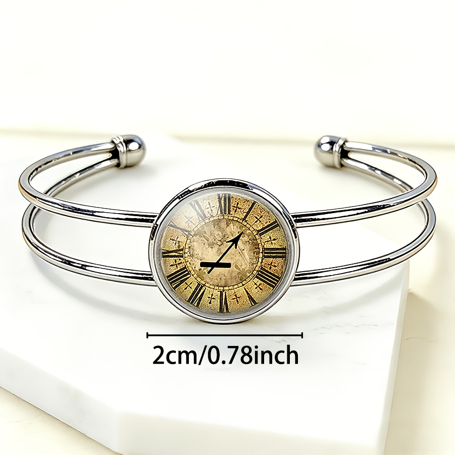 Adjustable Open Bangle with Round Time Gemstone Inlay, Vintage Style