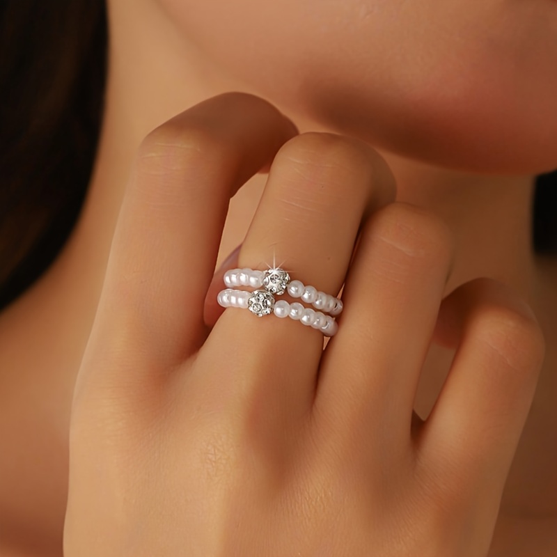 2pcs Elegant Rhinestone & Artificial Ring Sets - Sparkling Rhinestone Bead Elastic Rope Loop Rings, No-plating For Women' Wear, Parties, Weddings, Versatile