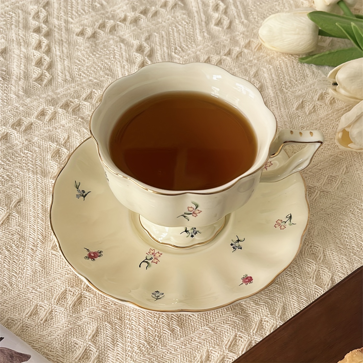 

1pc Floral Ceramic Cup And Saucer Set, Luxury Tea Coffee Set, Vintage Afternoon Tea Drinking, Elegant Tableware Decor