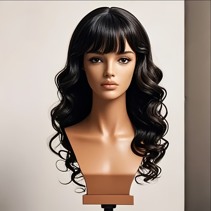 TEMU Wavy Wig For Women, Curly Black Wig Made From High-temperature Synthetic Fibers, No Glue Required, Easy To Put On, Designed To Enhance Small Face Features, Use Or Special Occasions