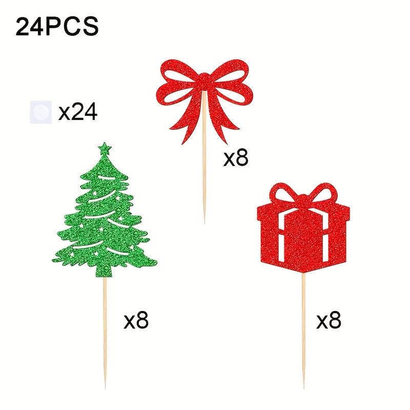 TEMU 24pcs, Christmas Birthday Cake Topper, Christmas Tree, Gift, Decoration, Merry Christmas Bamboo Glitter Cake , Merry Christmas, Happy New Year
