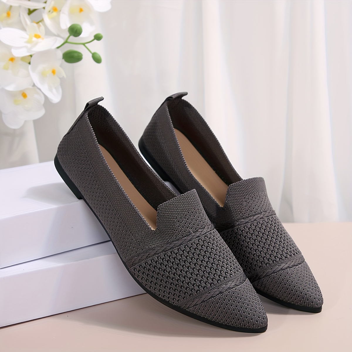 Elegant Ballet Flat Shoes For Women, Slip-On Breathable Soft Sole Daily Knitted Ballets, Point Toe Daily Wear