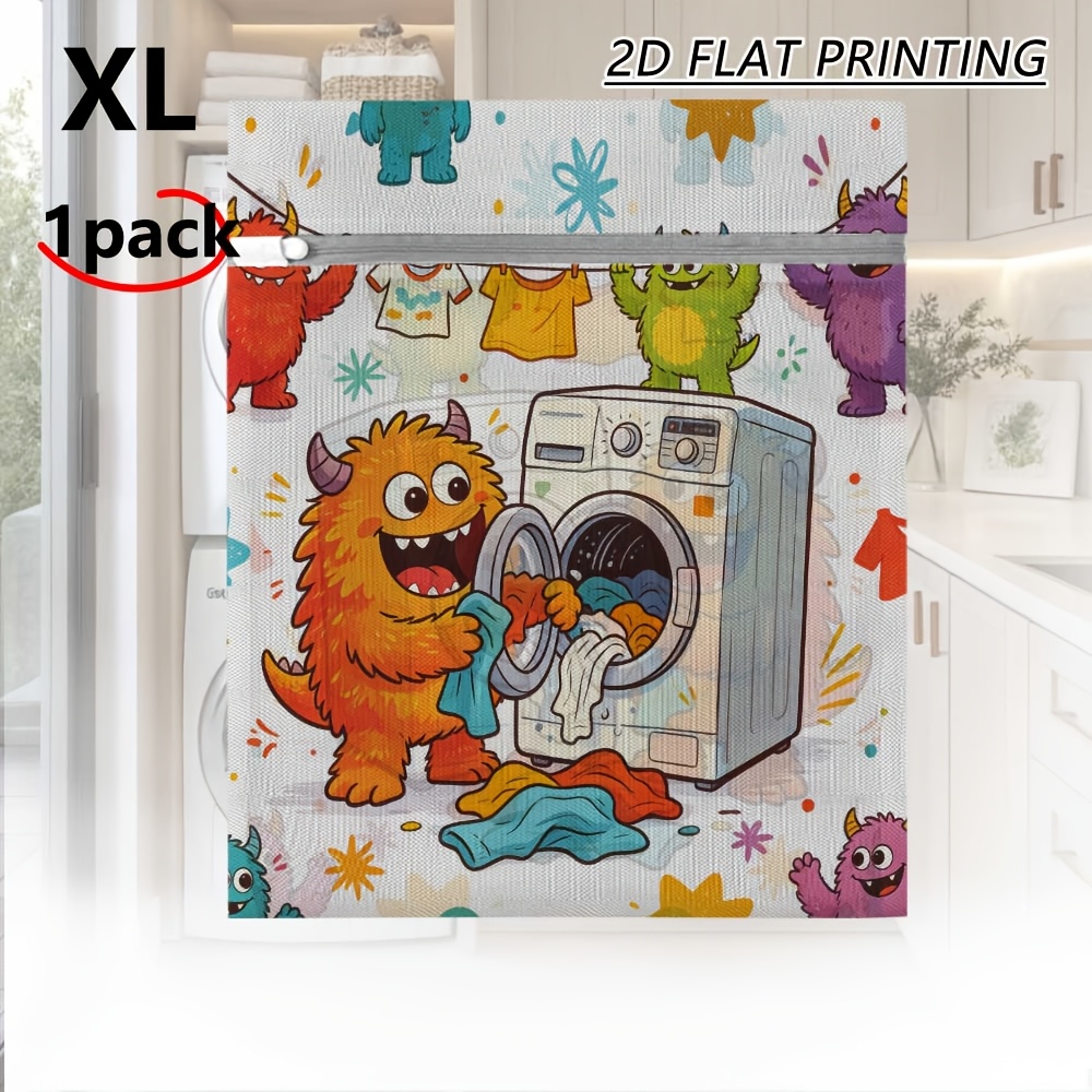 TEMU 1pc Mesh Laundry Bag, Reusable Anti-wear, Monsters Doing Laundry Print, Multi Size, Ideal For Collecting Messy Clothes, Suitable For House