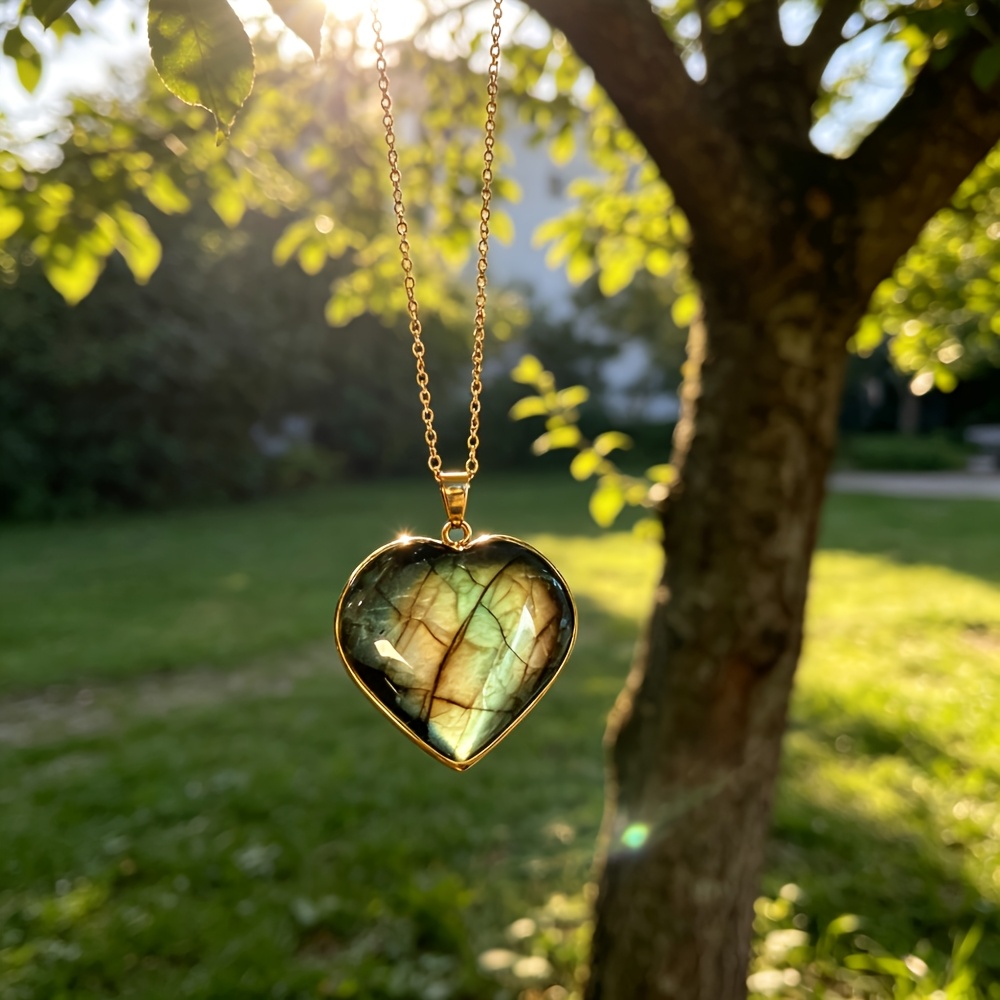 Handmade Heart Iridescent Labradorite Necklace, Boho Style