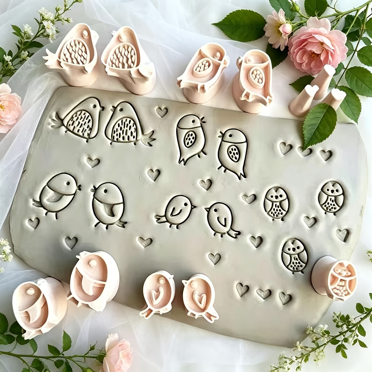 TEMU Bird & Heart Clay Embossing Molds Suitable For Polymer Clay, Bohemian Jewelry Making With Plastic Frame Compatible For Diy Crafts, Multi- Stamps