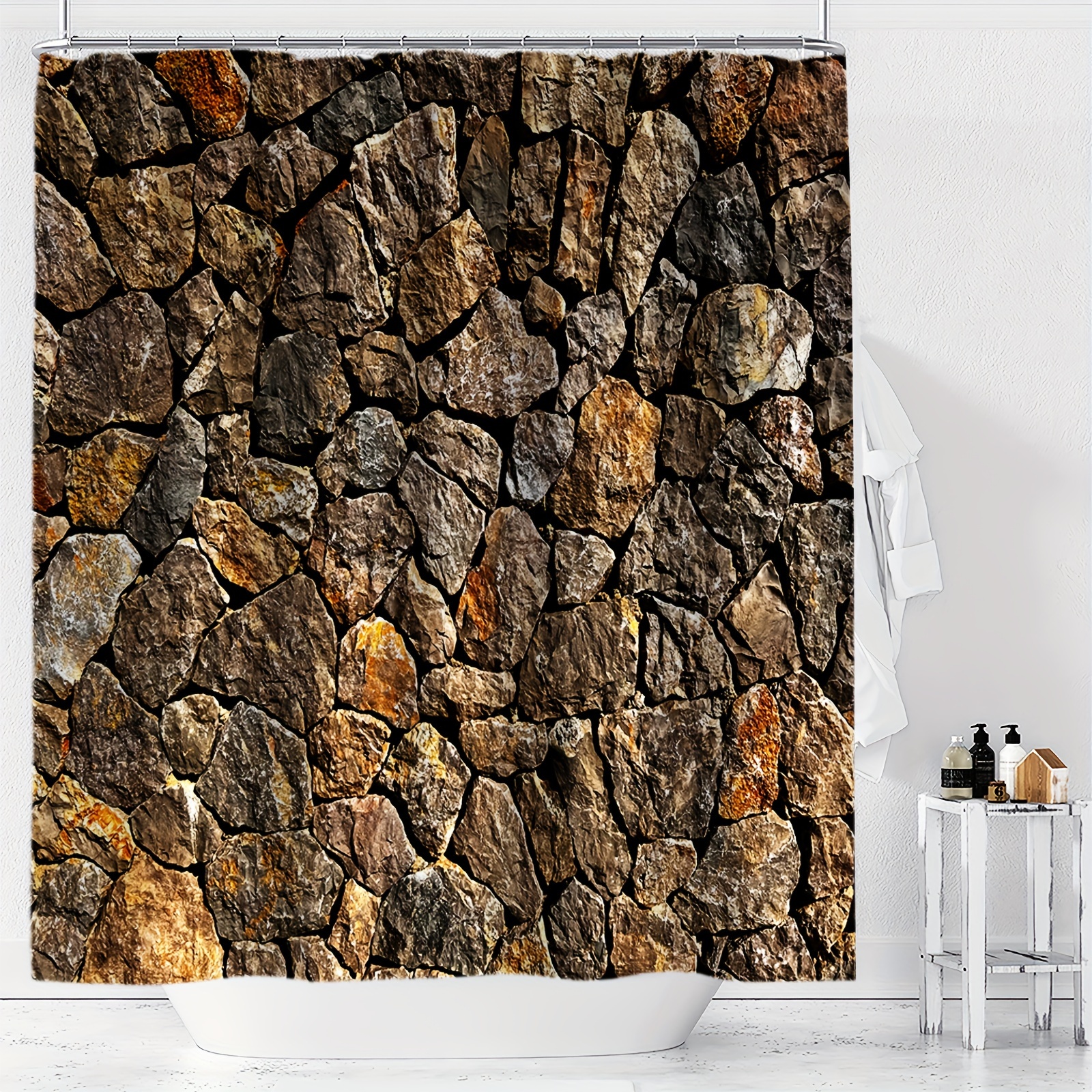 

Waterproof Stone Wall Pattern Shower Curtain With Hooks - Machine Washable, All-season Polyester Bathroom Decor By Ywjhui