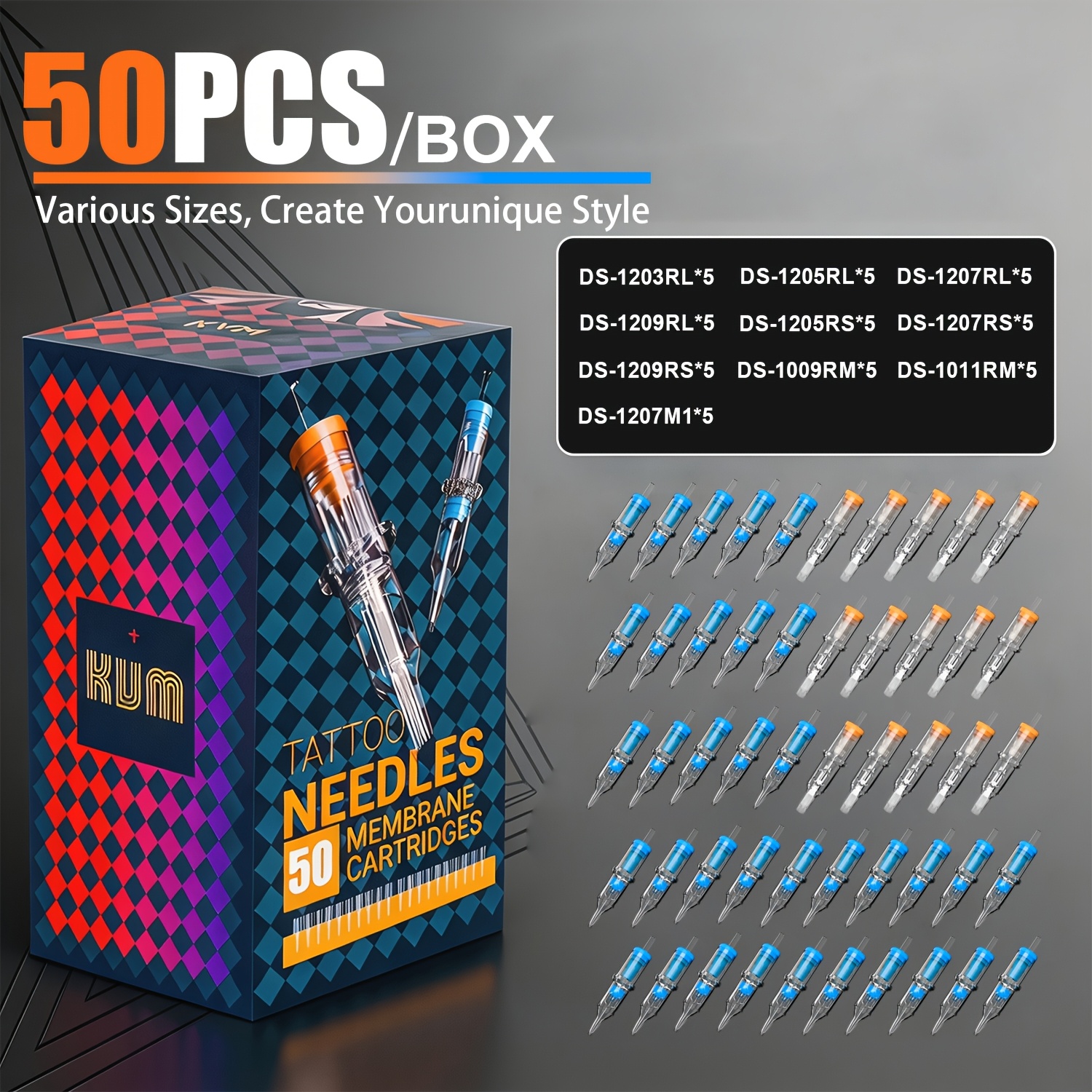 Image of Kvm 50pcs Box Of Disposable -one Tattoo Needles; Dual-color Marked Needles Suitable For And Shading; Transparent, Casing; Mixed Specifications For Rl/rm/rs/m1; Individually Packaged Steel Needles