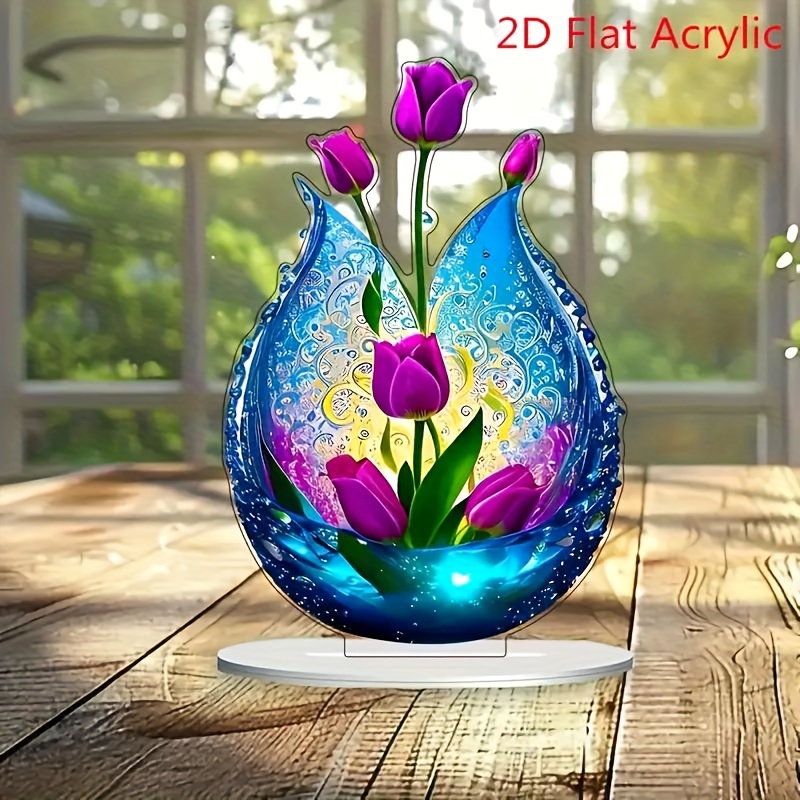 TEMU 1pc Charming Purple Floral Acrylic Vase Ornament - Desk, Bedroom, Living Room And More - Ideal Gift For Home & Garden Lovers