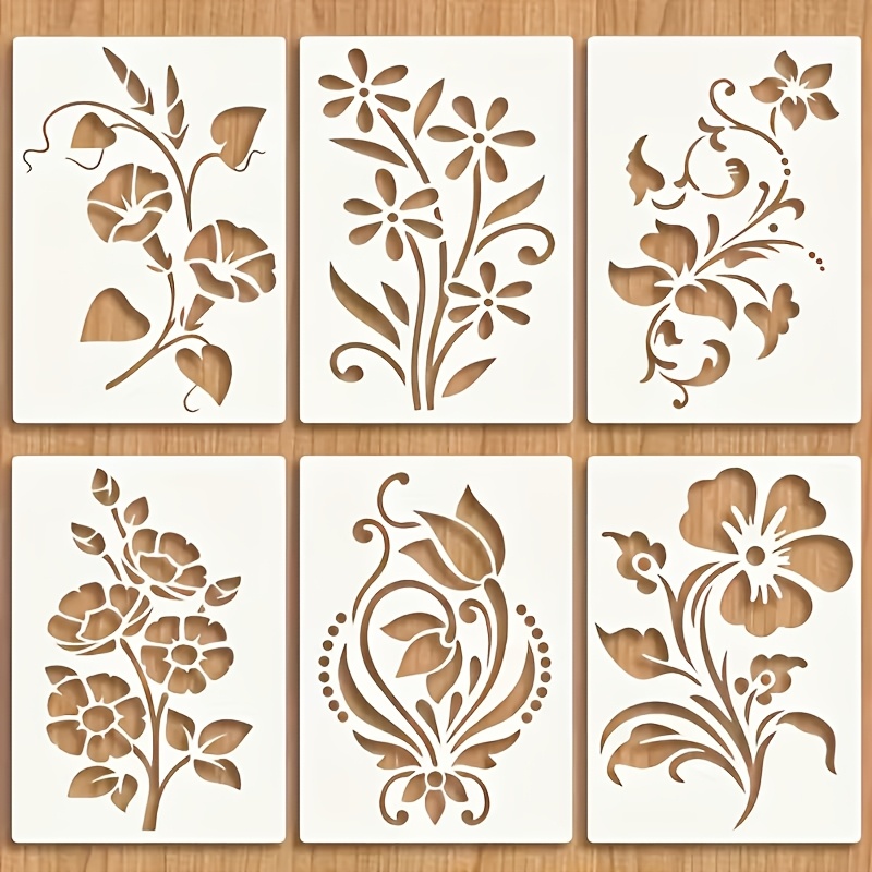 TEMU Spring 6pcs Plant And Flower Painting Stencils, 5.83x7.78 Inches - Reusable And Washable Diy Art Templates, Suitable For Canvas, Paper, Fabric,