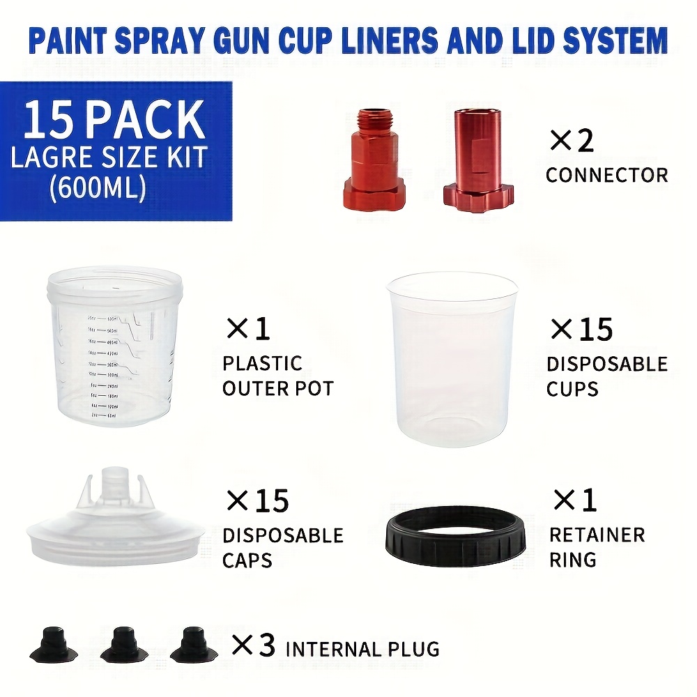 Set Of Disposable Paint Mixing Cups, Including Hvlp Mixing Cups Of 20 Ounces (600ml), Featuring 15 Cups With Lids, 3 Plugs, 1 Hard Cup With A Retainer Ring, And 2 Cup Adapters, Without Battery