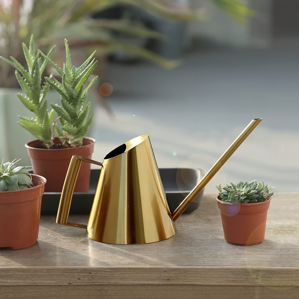 TEMU 1500 Ml Stainless Steel Long Mouth Watering Can Golden Metal Small Flower Watering Can Room Watering Can Flower Jug Pot Sprinkler For Office