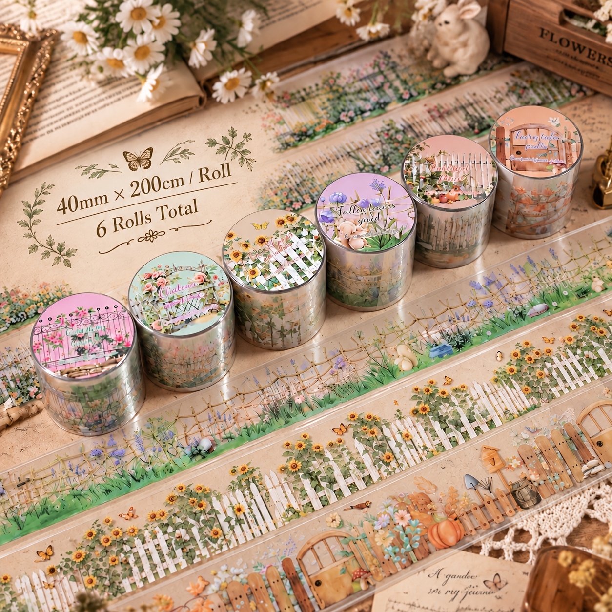 TEMU 6 Rolls Garden Fence Tape, 40mm X 200cm Per Roll, Vintage Floral Decorative Tape For Scrapbooking Journaling Crafts, Watercolor Garden Border