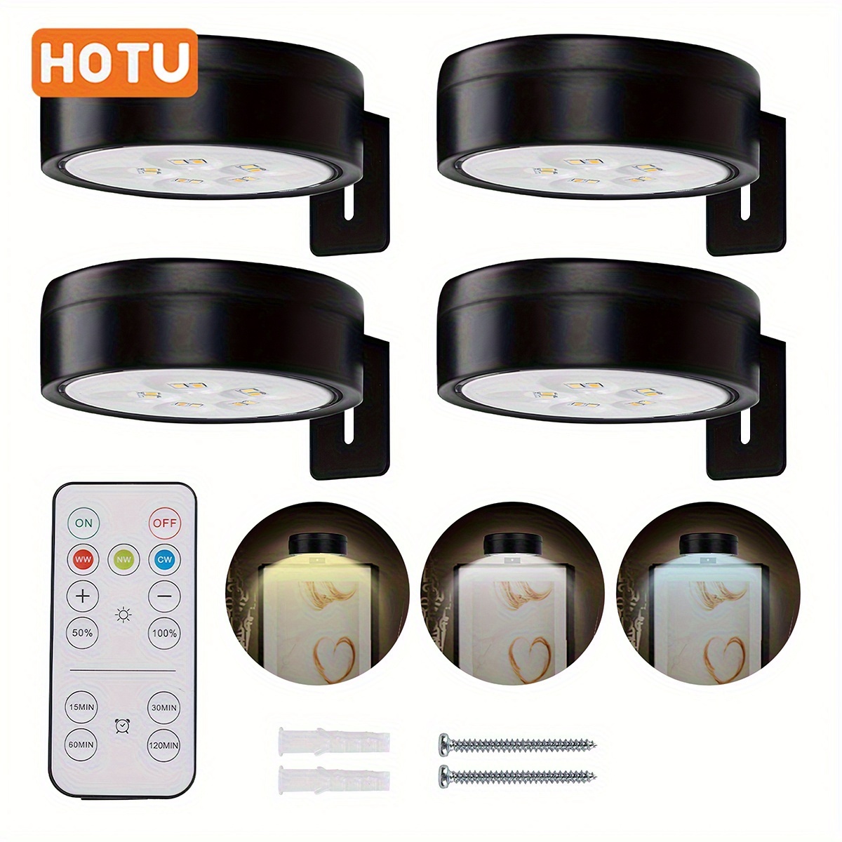 TEMU KIT HOTU 4 Pezzi Luci Magnetiche Regolabili a Batteria AA, LED per Parete con Clip Dimmabile, 3 Modalit� di Illuminazione, per Soggiorno Camera