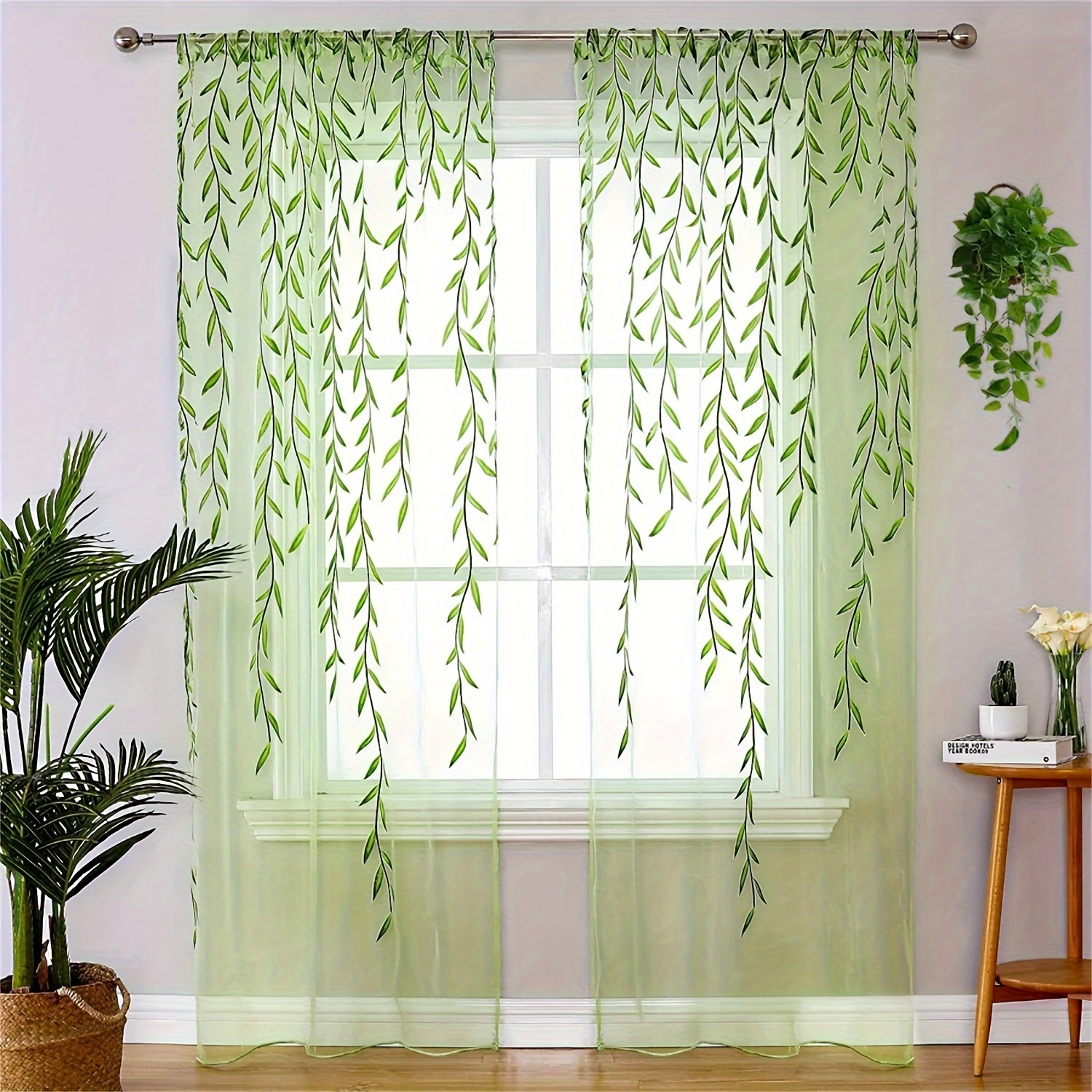 TEMU 2pcs Elegant Lavender Floral Print Sheer Curtains - Lightweight Polyester, Rod , Mediterranean Style, Hand-washable, For Bedroom & Living Room Decor, Curtains For Living Room
