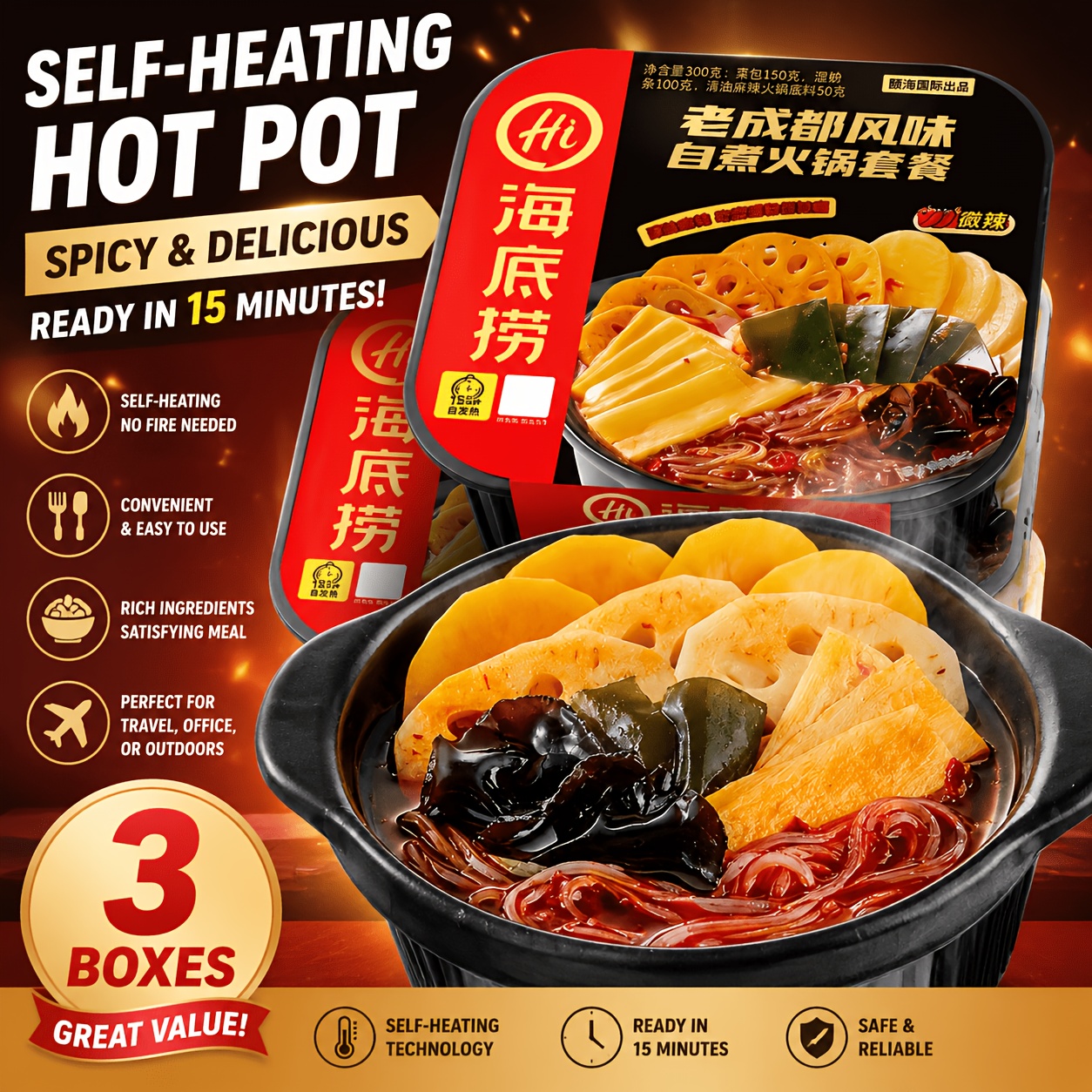 TEMU [new Product] Hai Di Lao Self Heating Hot Pot Convenient Fast Food Small Hot Pot Spicy Vegetarian Self Cooking Hot Pot Set, Old Chengdu Style
