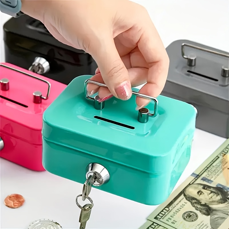 1pc sturdy iron metal   storage box money coin   box with lock key   design in teal   gray   adults home or office use secure   design metal construction lockable storage box details 2