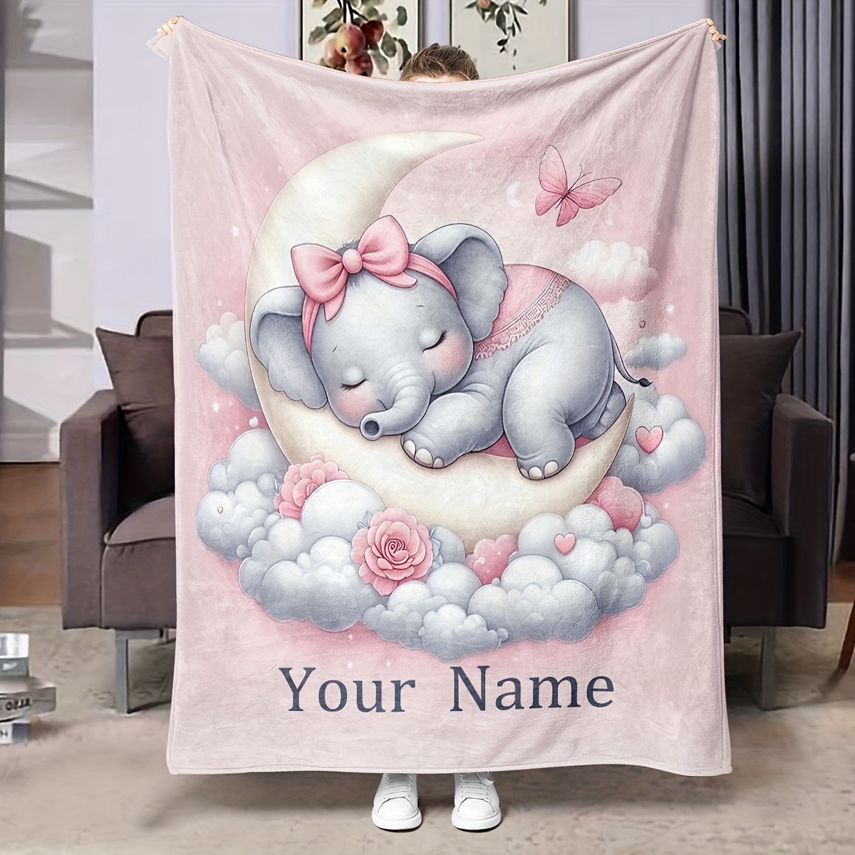 

Custom Name Elephant Blanket - Personalized Text & Cozy Flannel, All , Ideal For &