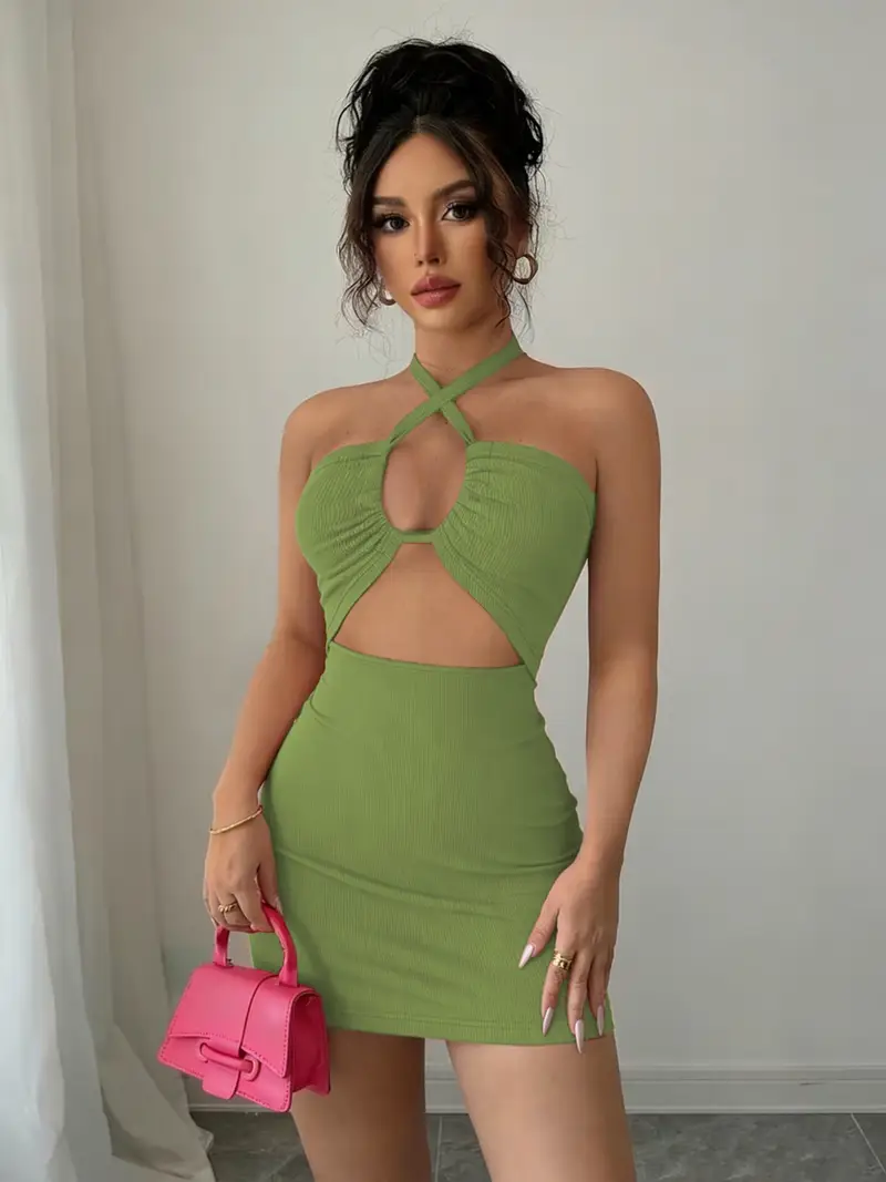 green cut out bodycon dress Kelly Green Ribbed Spaghetti Straps Knotted Cut Out Mini Dress Small