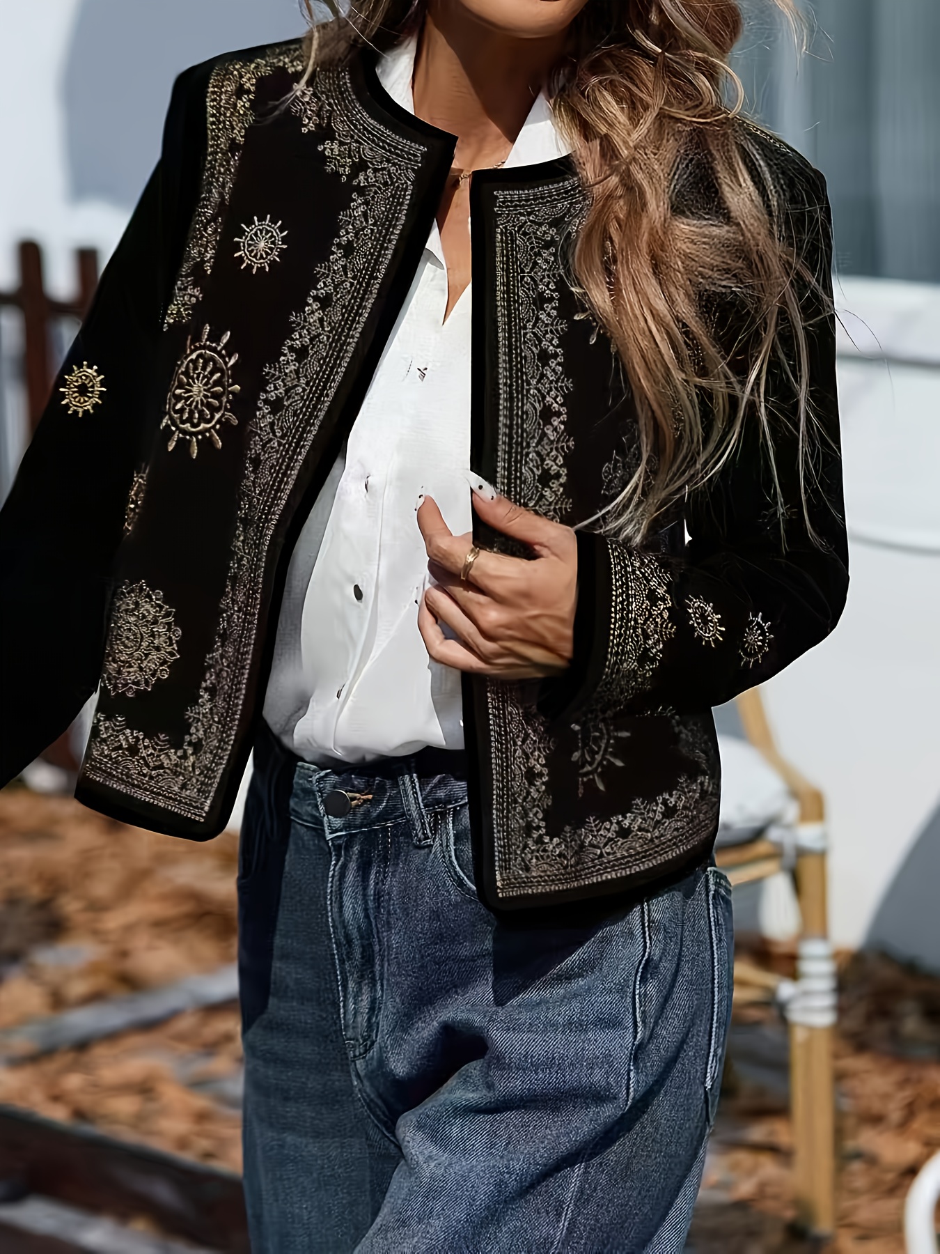 womens long sleeve jacket black golden geometric print open front closure machine washable lightweight coat for     weather everyday formal outfits casual outerwear asymmetrical design durable fabric versatile layering piece office wear mixed color 0