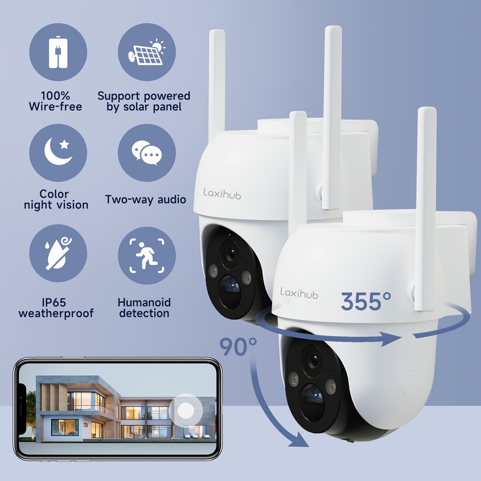TEMU 2pcs Wireless Outdoor Security Cameras, 1296p Fhd Solar Security Cameras, Battery Powered 360°ptz Surveillance Cameras, Color Night Vision, Pir