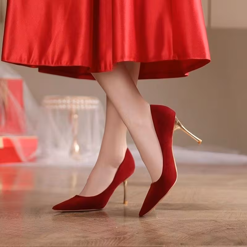 Red Pointed-Toe Stiletto Wedding Heels for Women