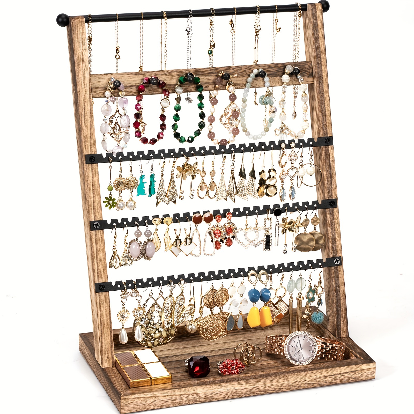 1pc wooden jewelry organizer display stand 5 tier tabletop earring holder with 129 holes unfinished rectangle necklace bracelet earring rack multipurpose jewelry storage for watches rings  