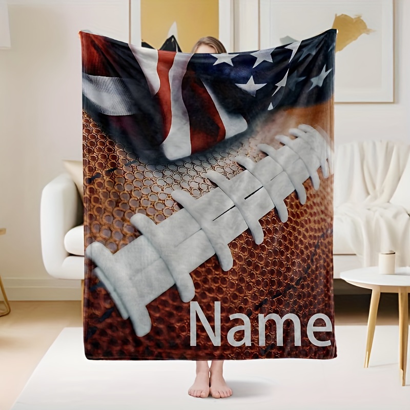 

Customizable Football Blanket With Name, Contemporary Style Personalized Throw For Boys, Teens, & Adults, Hypoallergenic Flannel Fabric, American Flag & Football Design, Hand Washable, Comfort