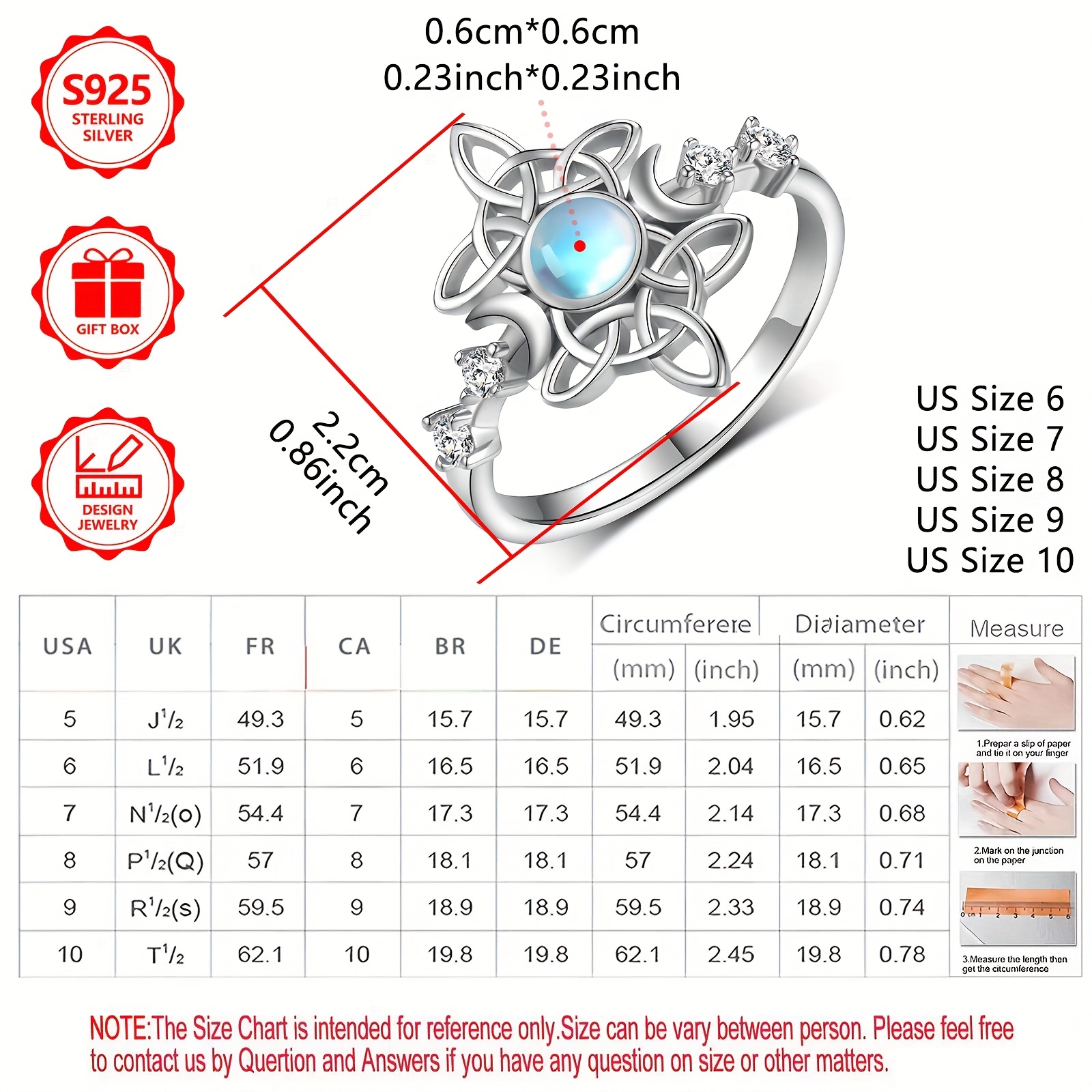 925 Silver Women's Ring with Witch Knot Symbol and Moonlight Stone
