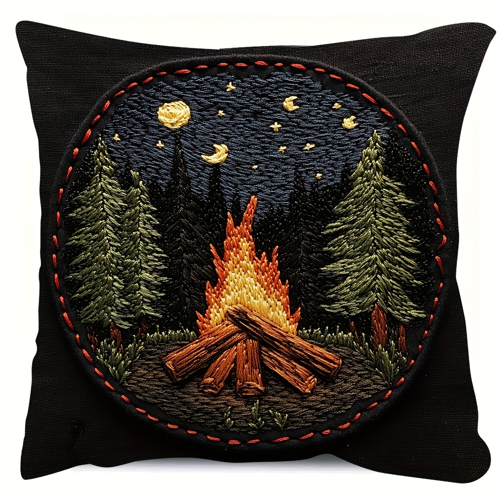 TEMU 1pc Vintage Campfire Throw Pillow Cover, 18x18 Inch, Short Plush, Single-sided Print, Zipper Closure, Machine Washable, Polyester, Decorative For Sofa & Bedroom - Without Embroidery, Camping Deco